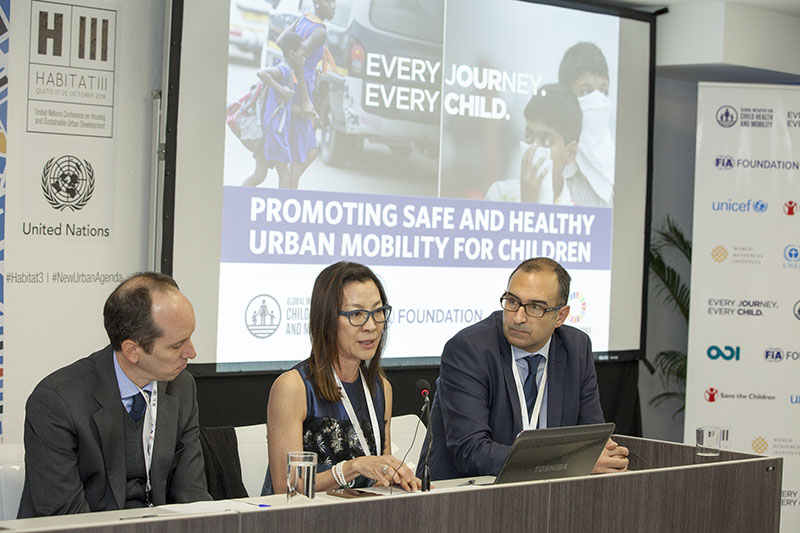 UNDP Goodwill Ambassador Michelle Yeoh at the Child Health Initiative session, with Brazil’s H3 negotiator Carlos Cuenca (left) and FIA Foundation’s Saul Billingsley (right). 