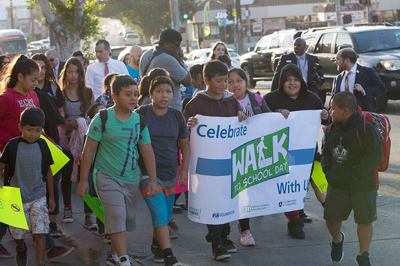 Los Angeles children take part in the recent Walk to School Day – the city is prioritizing pedestrian safety as part of its Vision Zero strategy.