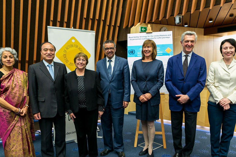 Dr Tedros Adhanom Ghebreyesus, Director General of World Health Organization pictured with Filippo Grandi UN High Commissioner for Refugees, and UN high-level members at the launch of the United Nations Road Safety Strategy in Geneva.