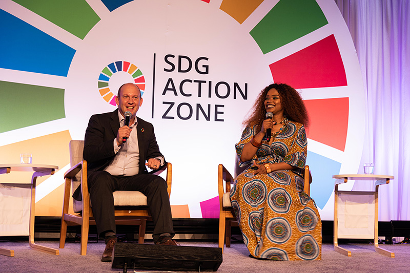 Deputy Director Avi Silverman and Zoleka Mandela kick off UNGA by calling for action for adolescents at the SDG Action Zone.