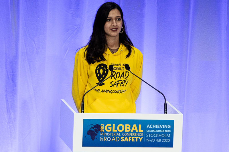 Global Youth Coalition for Road Safety's Omnia El Omrani participated in the event.  Pictured here at the Stockholm 3rd Global Ministerial on Road Safety in 2020. 