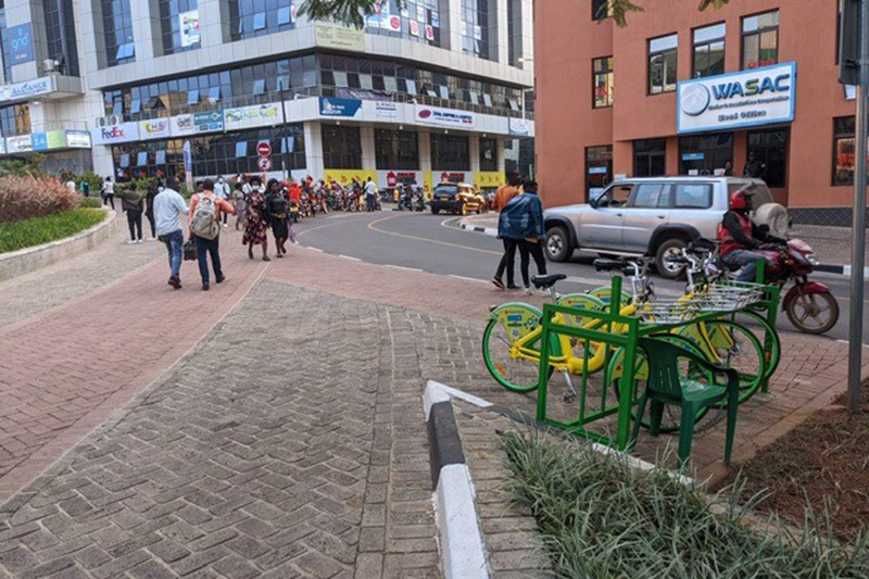 Entrance to the Kigali car-free zone with cycle hire
