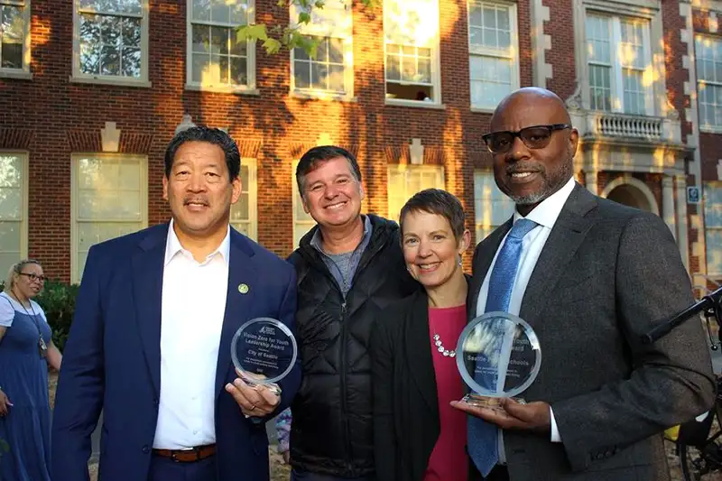 From left to right: Seattle Mayor Bruce Harrell, SDOT Director Greg Spotts, National Center for Safe Routes to School Director Nancy Pullen-Seufert, and Seattle Public Schools Superintendent Dr. Brent Jones. Photo credit: Seattle Mayor's Office.